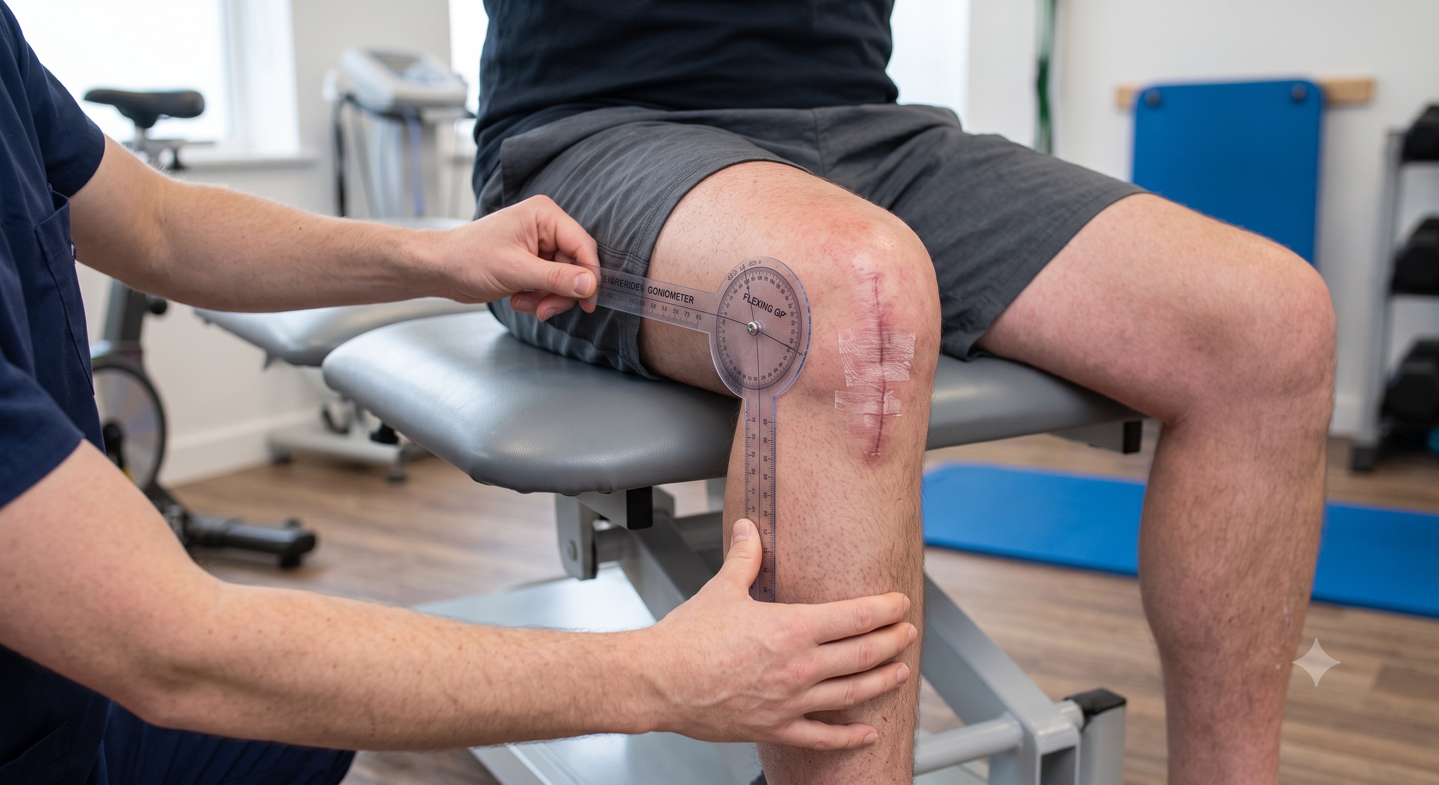 A physiotherapist assisting a patient with early mobilising exercises following a joint replacement in a clinical setting.